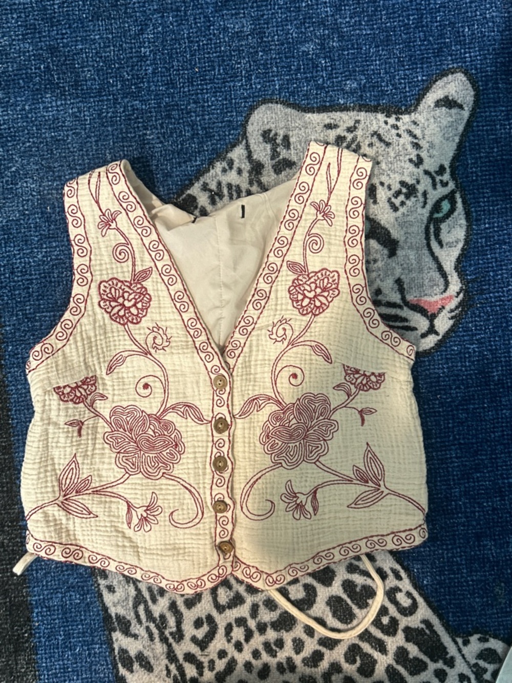 Embroidered Cream Floral Button-Front Vest